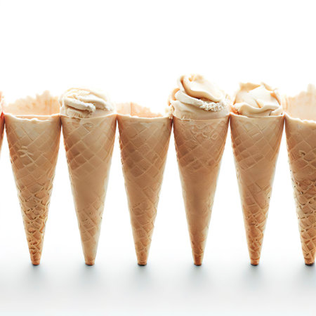 row of empty ice cream cones on white backgroundの素材