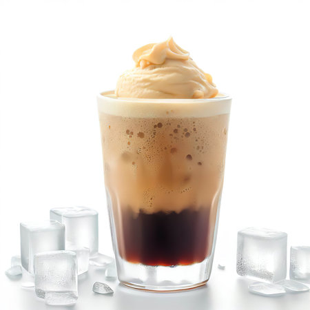 Iced Greek coffee frappe with ice cubes on white backgroundの素材