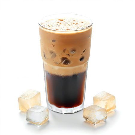 Iced Greek coffee frappe with ice cubes on white backgroundの素材