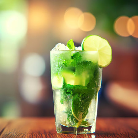 Mojito cocktail with lime on a wooden table. Blur backgroundの素材