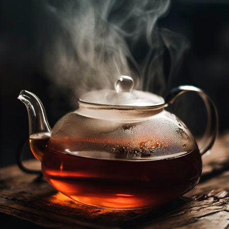 Hot tea is steamed in a glass teapot on a rustic tableの素材
