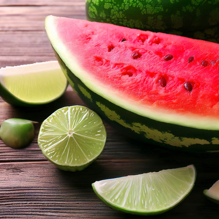 fresh watermelon and lime on wooden backgroundの素材