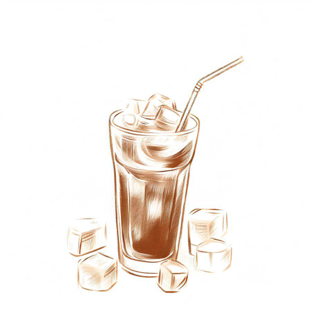 Iced Greek coffee frappe with ice cubes on white background. Cold coffee sketch with copy spaceの素材