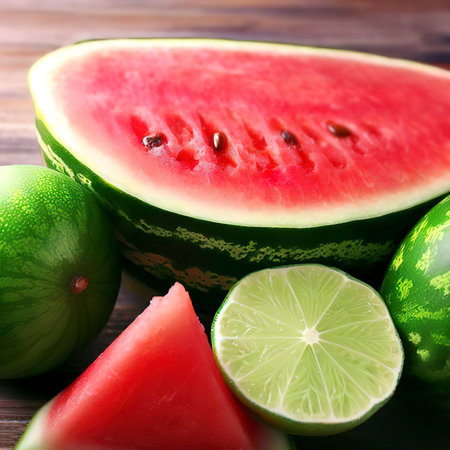 fresh watermelon and lime on wooden backgroundの素材