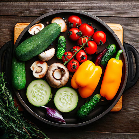 Raw vegetables for cooking on a grill pan on a wooden background top viewの素材