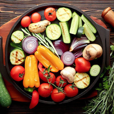 Raw vegetables for cooking on a grill pan on a wooden background top viewの素材