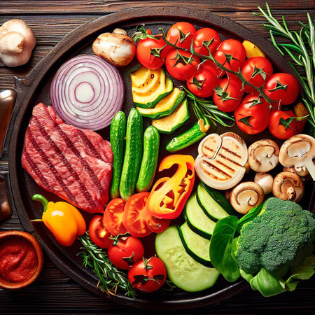 Raw vegetables for cooking on a grill pan on a wooden background top viewの素材