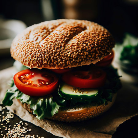 sandwich with sesame seeds on top and tomatoesの素材