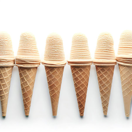 row of empty ice cream cones on white backgroundの素材