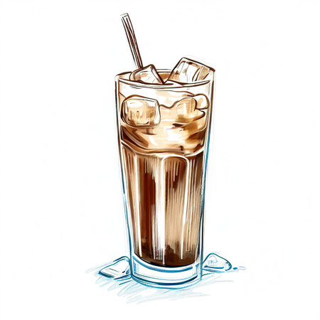 Iced Greek coffee frappe with ice cubes on white background. Cold coffee sketch with copy spaceの素材