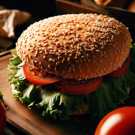 sandwich with sesame seeds on top and tomatoesの素材