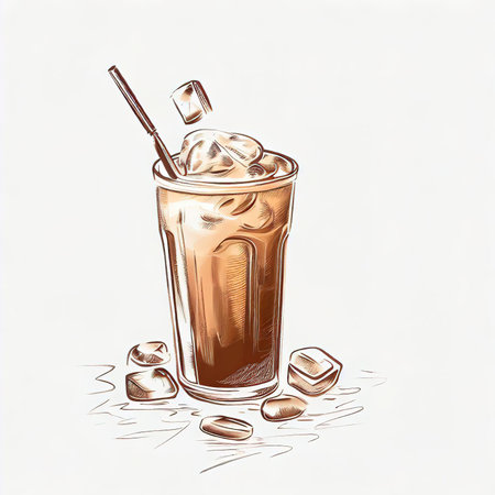 Iced Greek coffee frappe with ice cubes on white background. Cold coffee sketch with copy spaceの素材
