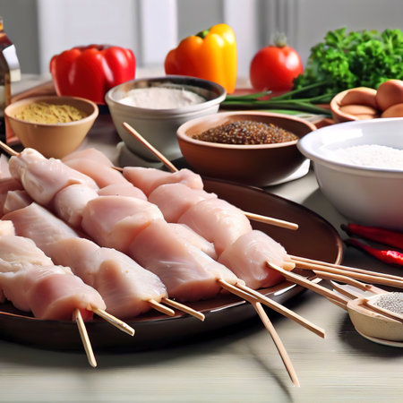 Ingredients For Making Turkey Skewers On Kitchen Tableの素材