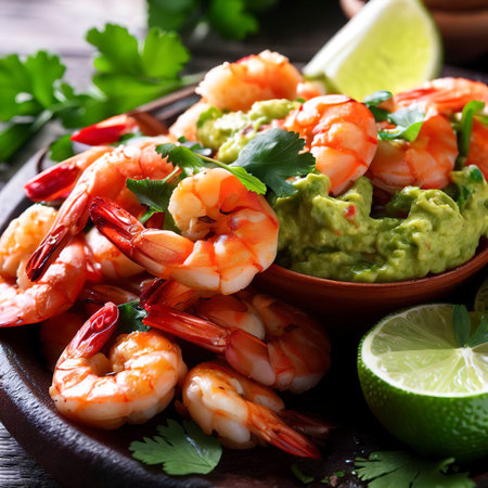 Spicy Shrimps and Guacamole with fresh cilantro a la carteの素材