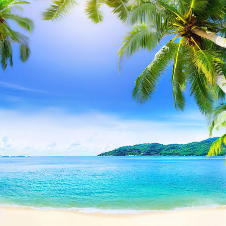 Summer background of Coconut Palm trees on white sandy beach Landscape nature view Romantic ocean bay with blue water and clear blue sky over sea at Phuket island Thailand.の素材