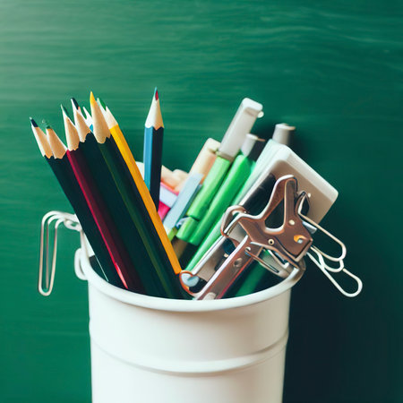Stationery Pencils paper clip pen eraser in a white bucket. Still life on green school board background. Copy space Flat lay Top view Concept Educationの素材
