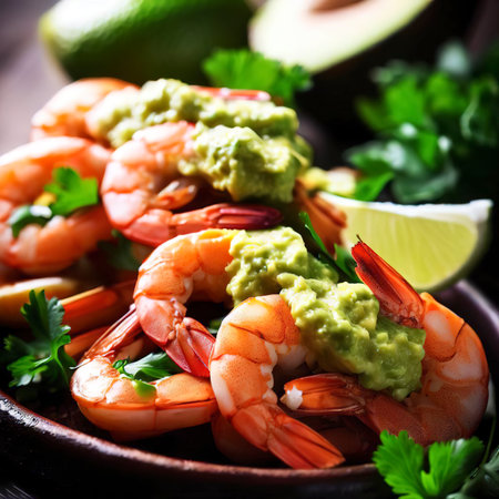Spicy Shrimps and Guacamole with fresh cilantro a la carteの素材