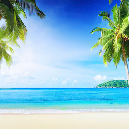 Summer background of Coconut Palm trees on white sandy beach Landscape nature view Romantic ocean bay with blue water and clear blue sky over sea at Phuket island Thailand.の素材