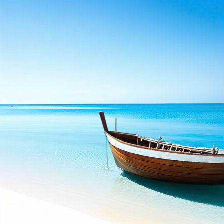 Wooden boat parked on the sea, white beach on a clear blue sky, blue seaの素材