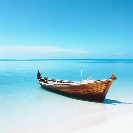 Wooden boat parked on the sea, white beach on a clear blue sky, blue seaの素材