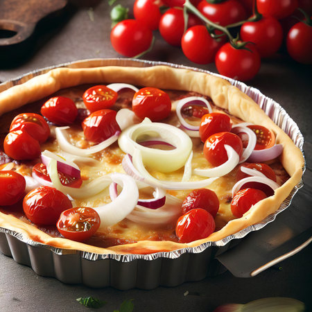 Tart with cherry tomatoes, cheese and onions on aluminum baking dish. From series Healthy Eatingの素材