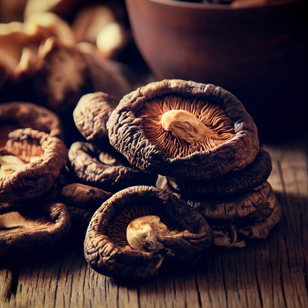 The dried shiitake mushrooms on old wooden tableの素材