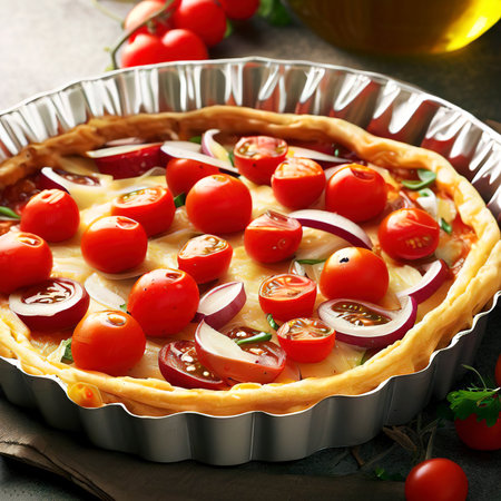 Tart with cherry tomatoes, cheese and onions on aluminum baking dish. From series Healthy Eatingの素材