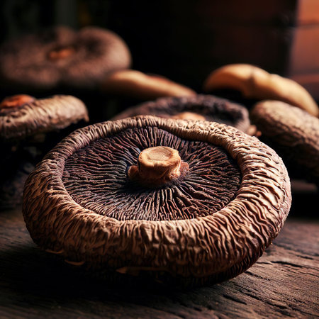 The dried shiitake mushrooms on old wooden tableの素材