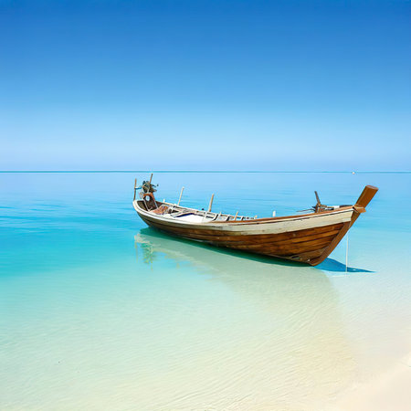 Wooden boat parked on the sea, white beach on a clear blue sky, blue seaの素材