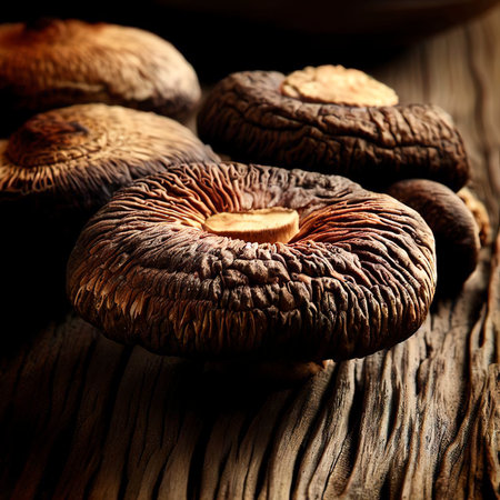 The dried shiitake mushrooms on old wooden tableの素材