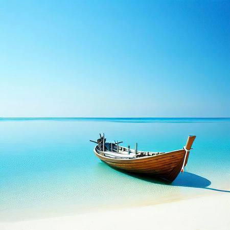 Wooden boat parked on the sea, white beach on a clear blue sky, blue seaの素材