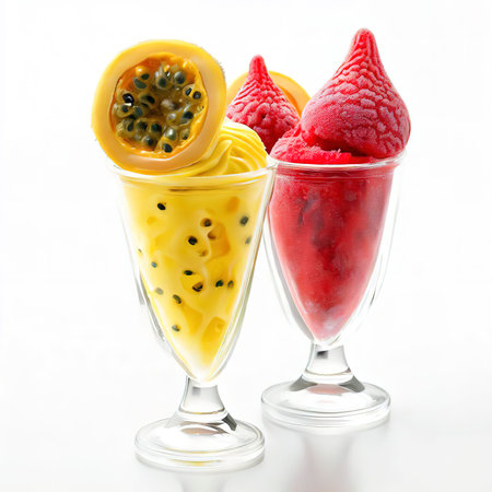 yellow passion fruit and red strawberry ice cream cones in clear glasses on white backgroundの素材