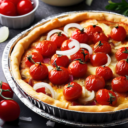 Tart with cherry tomatoes, cheese and onions on aluminum baking dish. From series Healthy Eatingの素材