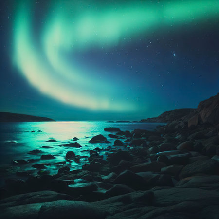 Aurora borealis over rocky beach and ocean. Northern lights in Teriberka, Russia.の素材
