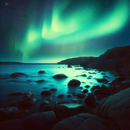Aurora borealis over rocky beach and ocean. Northern lights in Teriberka, Russia.の素材