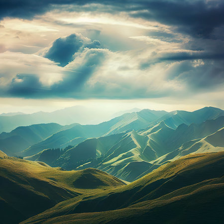 Beautiful view over the landscapes of the Ciucas mountain range under a cloudy skyの素材