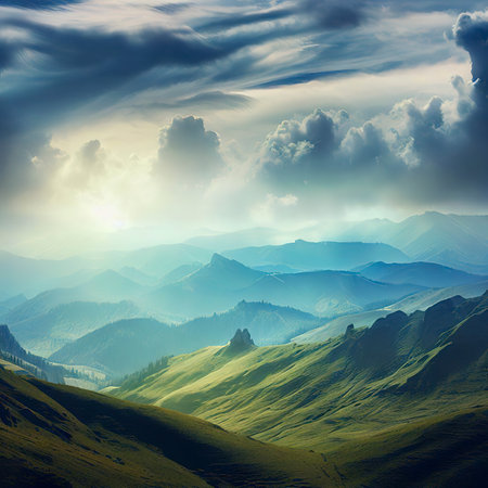 Beautiful view over the landscapes of the Ciucas mountain range under a cloudy skyの素材