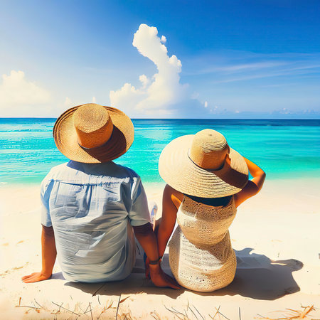 Couple with straw hats chilling enjoying beautiful views over the ocean, paradisiac beach, sunday morningの素材