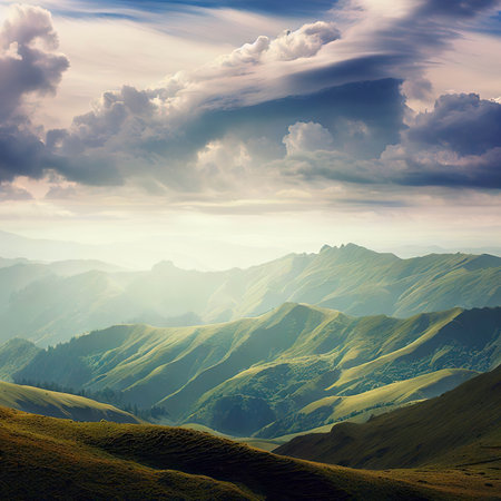 Beautiful view over the landscapes of the Ciucas mountain range under a cloudy skyの素材