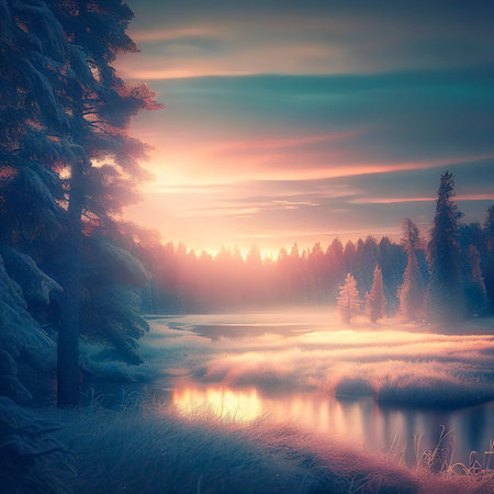 Beautiful evening landscape in a Swedish winter forestの素材