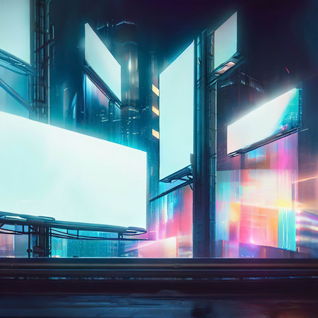 Billboards on a futuristic city scene at night. Concept art with a futuristic vision of advertisingの素材