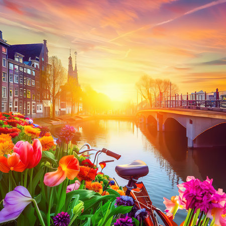 Beautiful sunrise over Amsterdam, The Netherlands, with flowers and bicycles on the bridge in springの素材