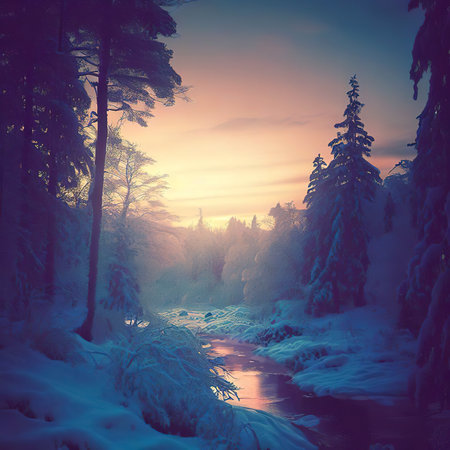 Beautiful evening landscape in a Swedish winter forestの素材