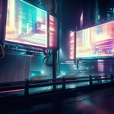 Billboards on a futuristic city scene at night. Concept art with a futuristic vision of advertisingの素材