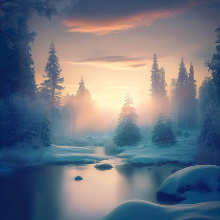 Beautiful evening landscape in a Swedish winter forestの素材
