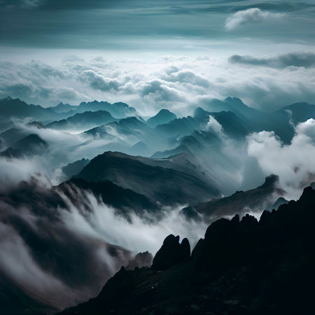 Mesmerizing view of the rocky landscapes covered with clouds captured from a peakの素材