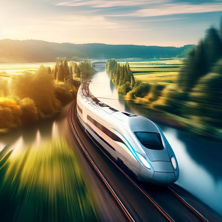 high-speed train driving through a beautiful landscape with a river and a forestの素材