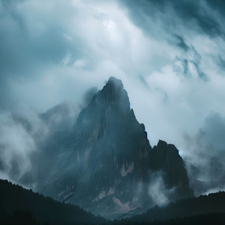 Majestic mountain among the clouds. Mountain landscape in the Dolomites among rain clouds.の素材