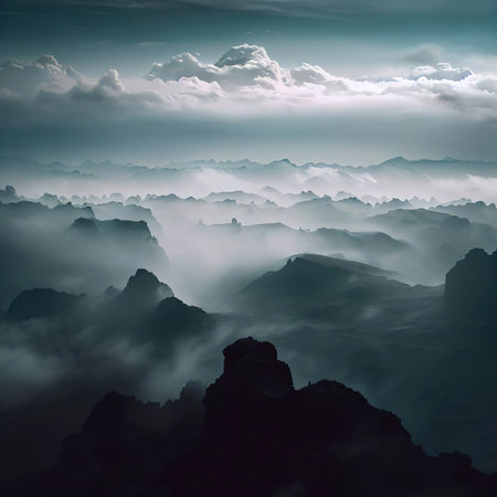 Mesmerizing view of the rocky landscapes covered with clouds captured from a peakの素材