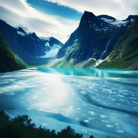 Landscape with frozen Lovatnet lake, Norwayの素材